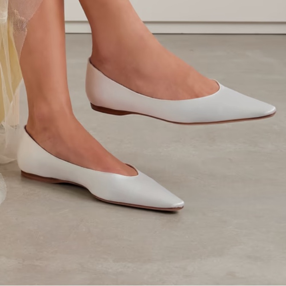 Women's Pointed Toe White Leather Flats